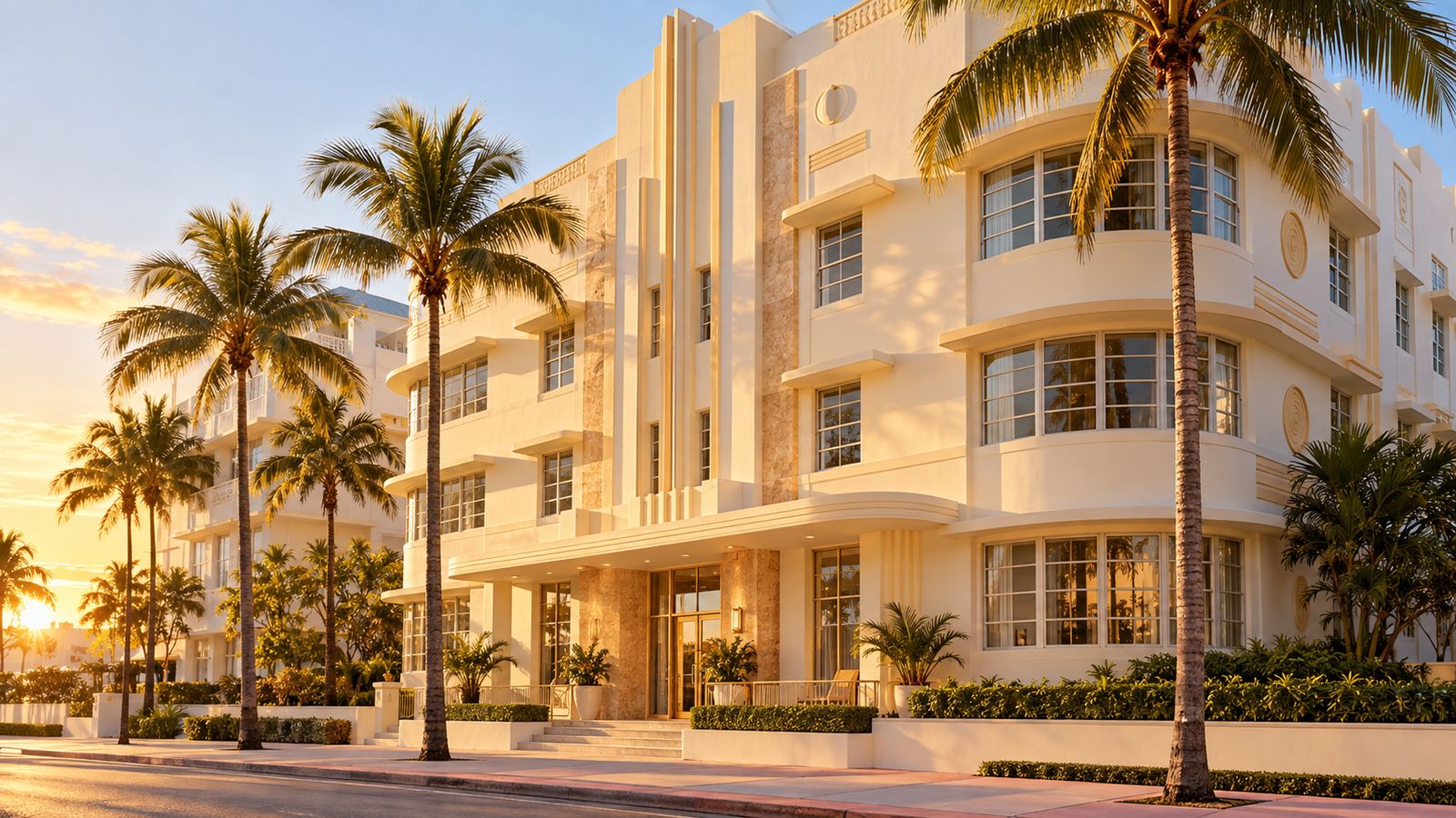 Cream Art Deco building in Miami Beach at sunset
