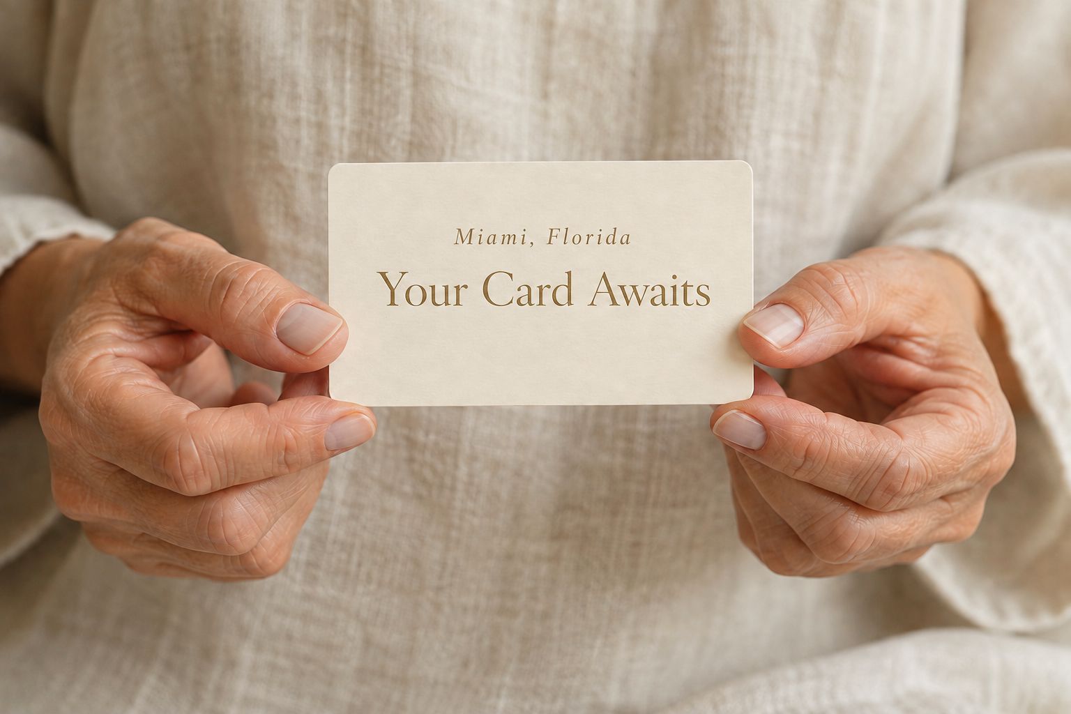 Hands holding a card that reads Your Card Awaits
