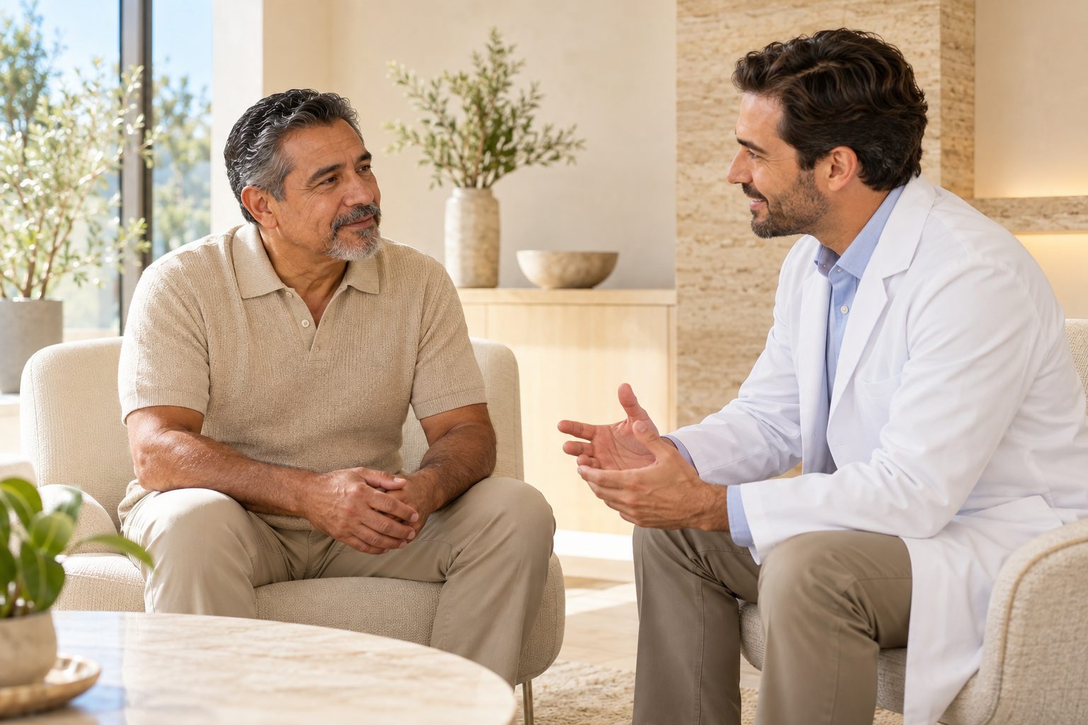 Man in his 50s talking with a physician in a calm consultation room