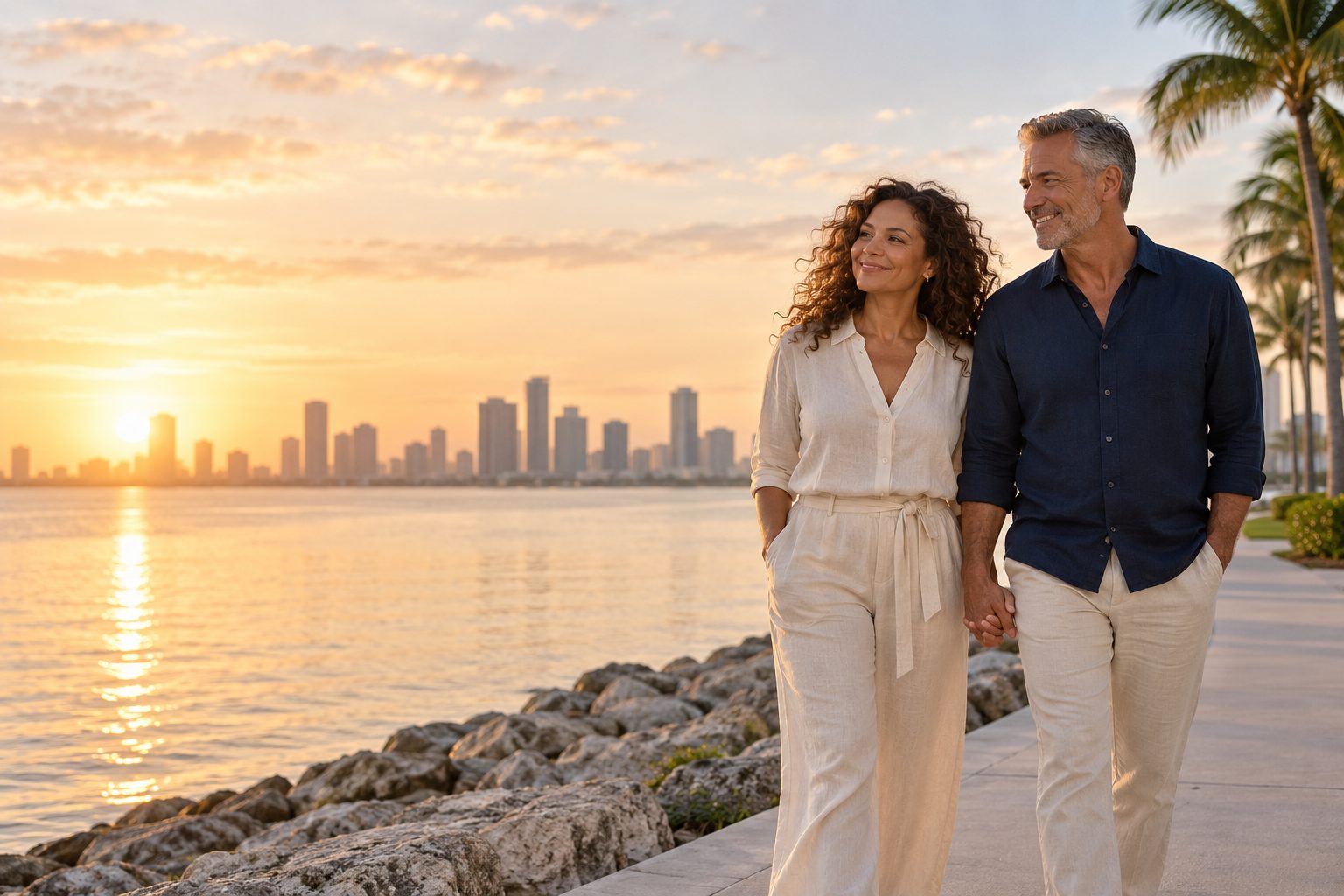 Couple holding hands on a Miami waterfront path at sunrise