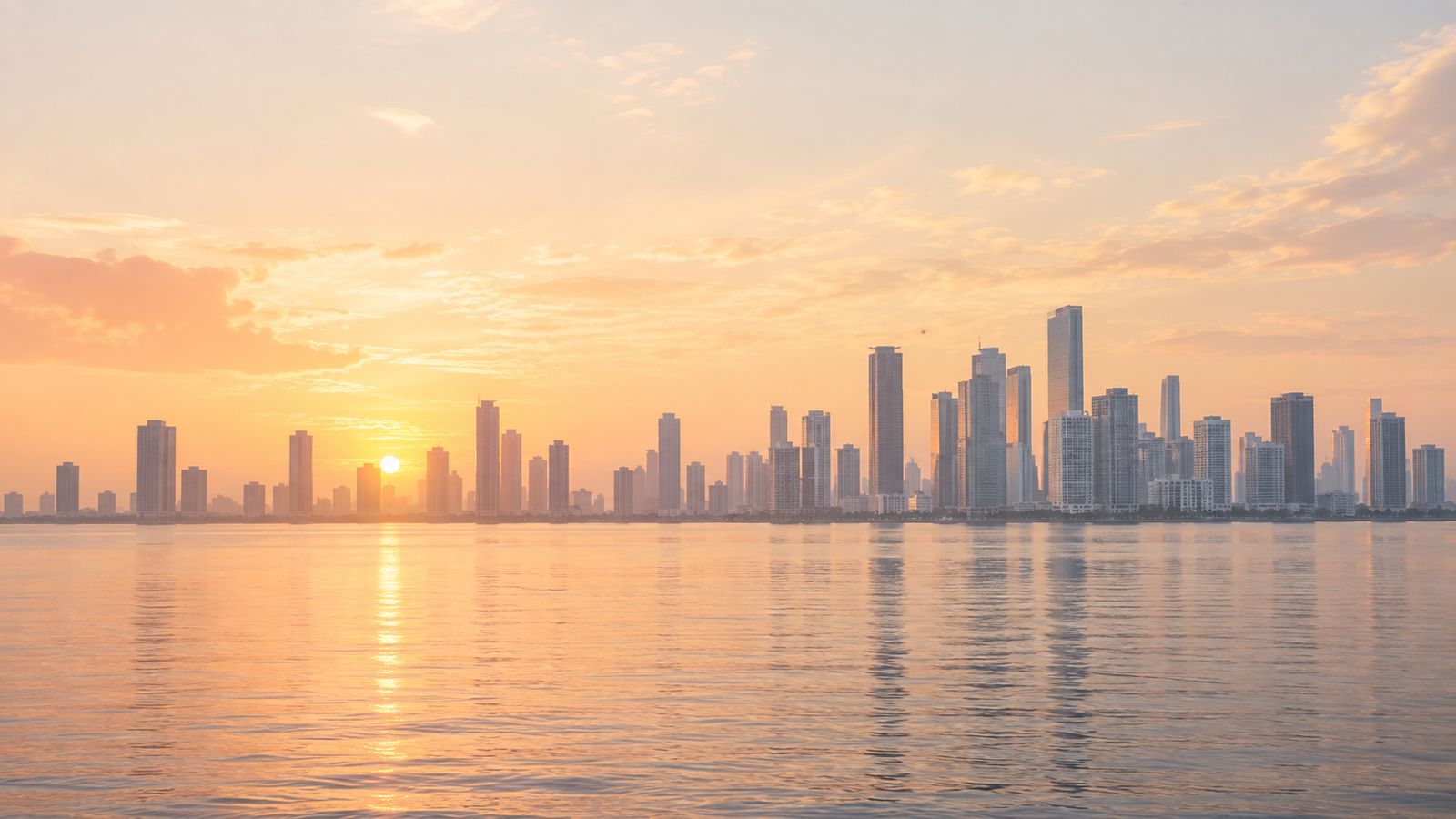 Miami skyline at sunrise over the bay