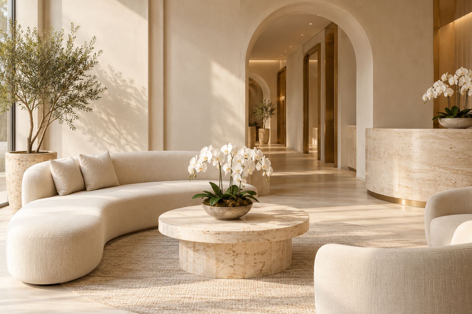 Elegant wellness lounge with orchids and an arched hallway